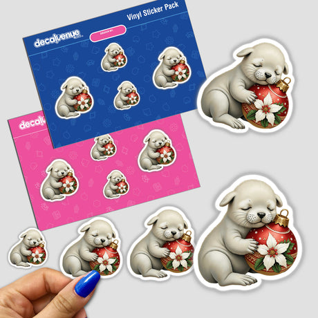 Sticker featuring a cartoon seal pup sleeping on a red and white Christmas ornament, available as both a physical sticker and digital artwork from Decal Venue.