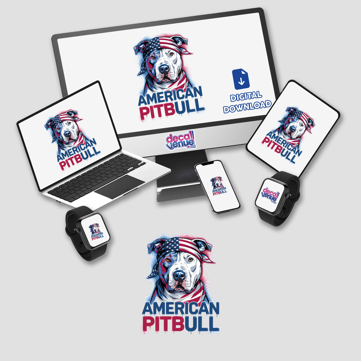 American Pitbull Dog with Flag Bandana depicted on a computer monitor and laptop, available as stickers or digital artwork, showcasing the unique offerings from Decal Venue.