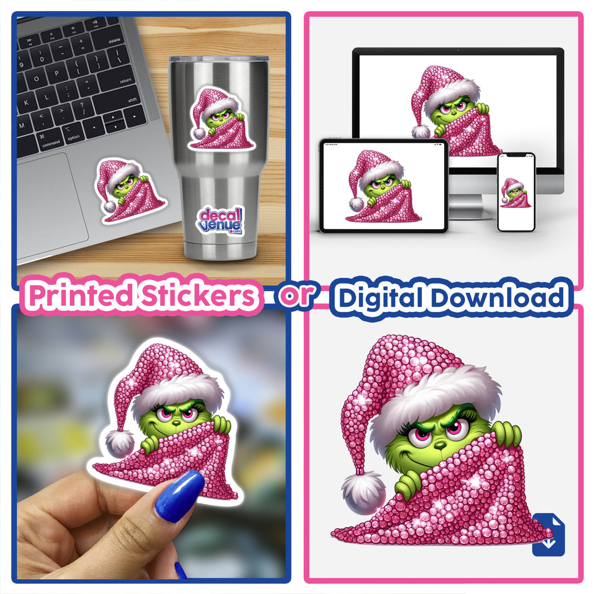 Sparkle Peeking Mean Green Santa Grouch collage featuring stickers and digital artwork of the cartoon character, including close-ups and laptop displays.