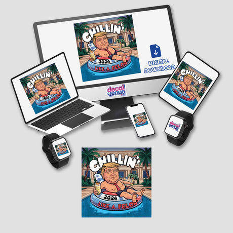 Humorous digital artwork titled "Chillin' Like a Felon IV" featuring a caricature of a public figure against a colorful backdrop, displayed across various electronic devices and products.