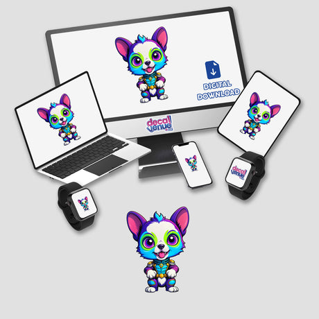 Cute Puppy From Outer Space displayed on a computer monitor and laptop, featuring a cartoon dog. Available as stickers or digital artwork from Decal Venue, specializing in unique designs.