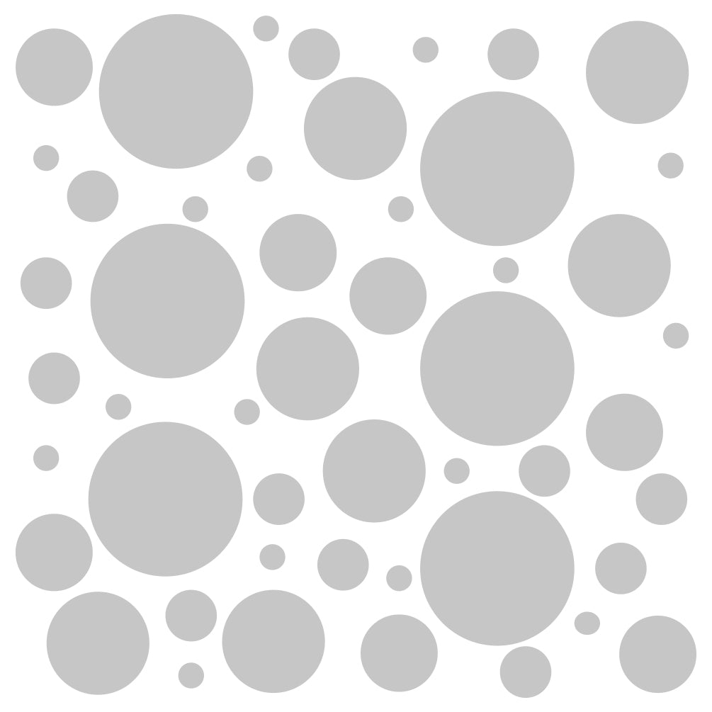 Set of 100 Polka Dot Circles Vinyl Wall Decals Stickers - Assorted Sizes, shown as various-sized grey circles with polka dot patterns, ideal for versatile decorating on multiple surfaces.