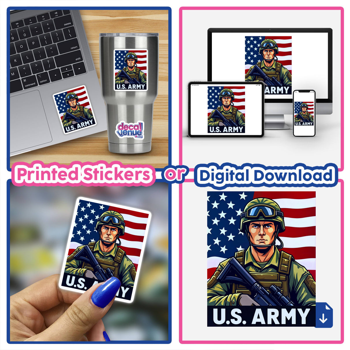 Collage of U.S. Army - American Soldier With Flag featuring a soldier on a laptop. Available as stickers or digital artwork, showcasing military imagery for Decal Venue's unique vinyl collection.