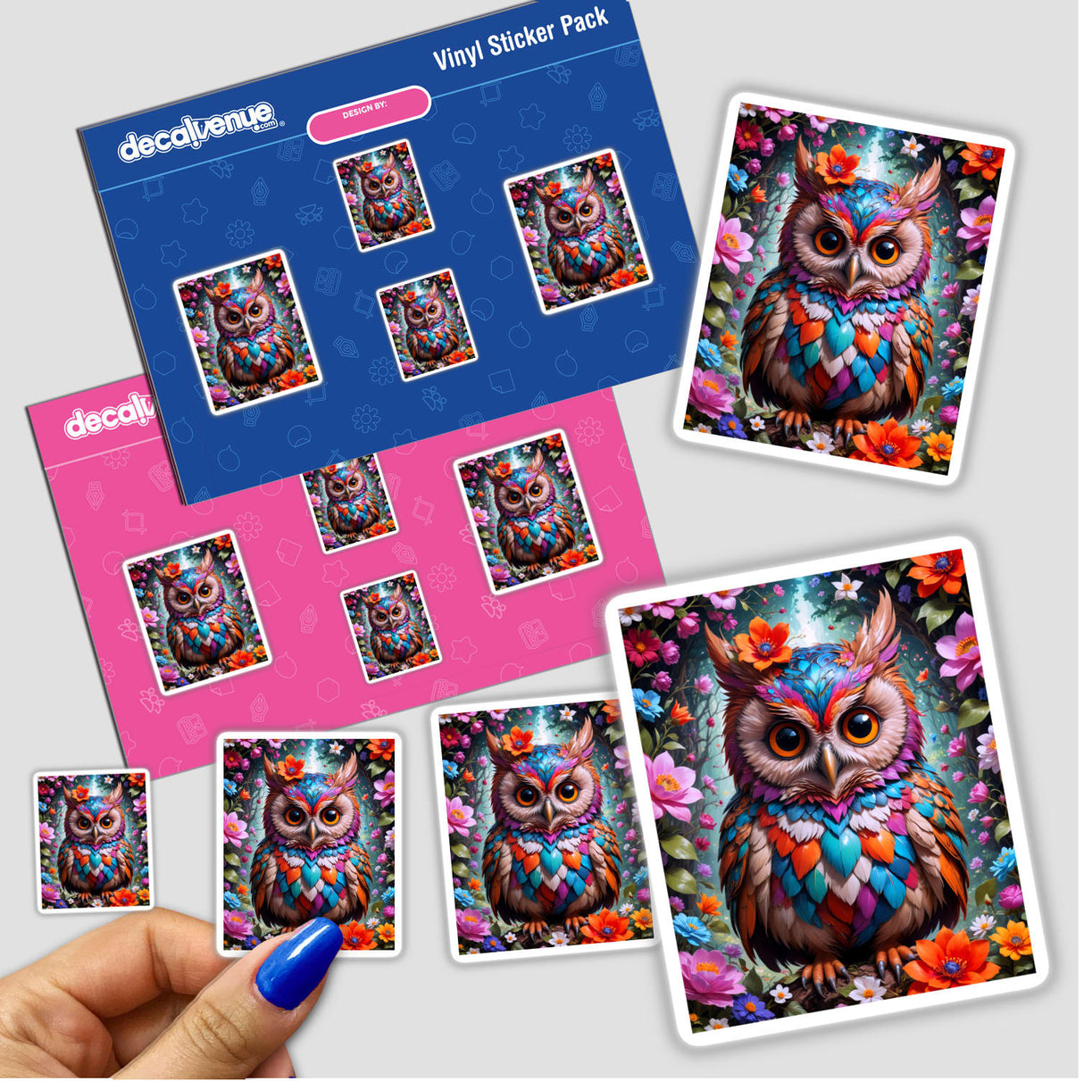 A Lovely Owl With Blooming Flowers sticker, featuring a cartoon owl adorned with vibrant flowers, available as a unique vinyl sticker or digital artwork from Decal Venue.