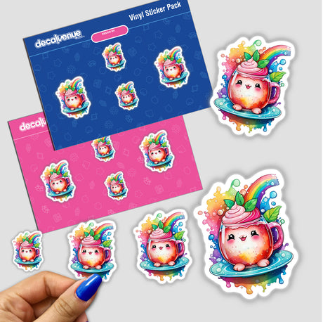 Happy Tea Time: Vibrant Rainbow Floral sticker pack featuring cartoon cups of tea and drinks, displayed with a close-up of a person's finger and fingernail for size reference.