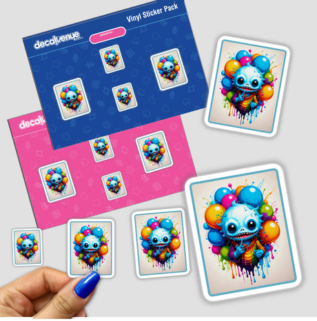 Splash Art Alien Invasion: Party Guy sticker held in a hand with blue nail polish, featuring a cartoon character with colorful balloons, available as stickers or digital artwork.