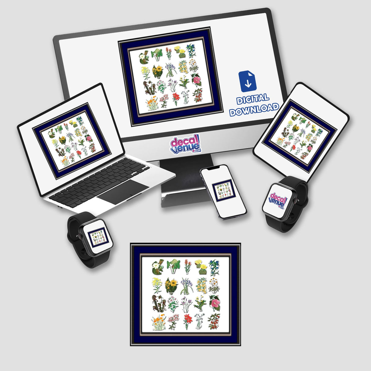 American Wild Flowers digital artwork displayed on a computer, laptop, and tablet screens. Available as stickers or digital art, reflecting Decal Venue's unique offerings.