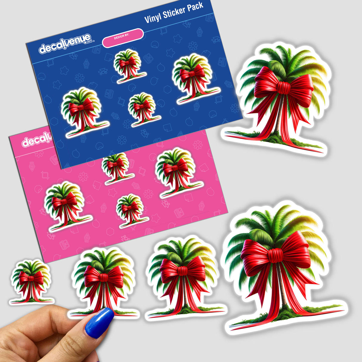 Vibrant palm tree stickers with red coquette bows, available as a digital download from Decal Venue's collection of unique stickers and art.