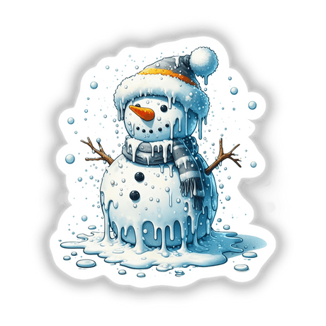 Melting Winter Snowman illustration featuring a cartoon snowman with a scarf and hat, available as stickers or digital artwork from Decal Venue.