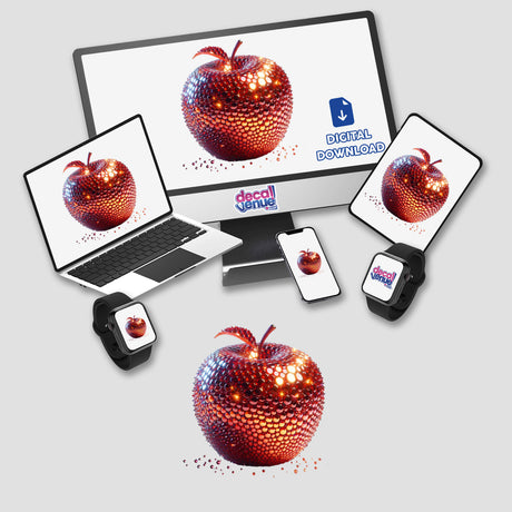 Shiny Red Apple with Beads Aesthetic displayed on a computer monitor and a laptop screen, available as unique stickers or digital artwork from Decal Venue.