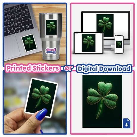 Golden Veined Shamrock – Green Clover sticker on a laptop, featuring subtle glow and cracked gold detailing, showcasing Decal Venue's unique vinyl sticker and digital artwork collection.