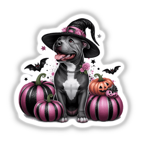Halloween Pitbull Dog w/ Glitter Pumpkins: A cartoon pitbull wears a person hat, surrounded by pumpkins, including a pink and black striped one, available as stickers or digital artwork.