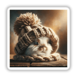 Snuggled Bunny in Woolen Hat: A close-up of a rabbit wearing a cozy woolen hat, available as stickers or digital artwork.