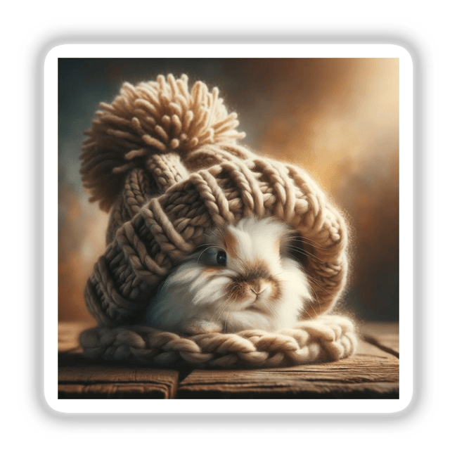 Snuggled Bunny in Woolen Hat: A close-up of a rabbit wearing a cozy woolen hat, available as stickers or digital artwork.