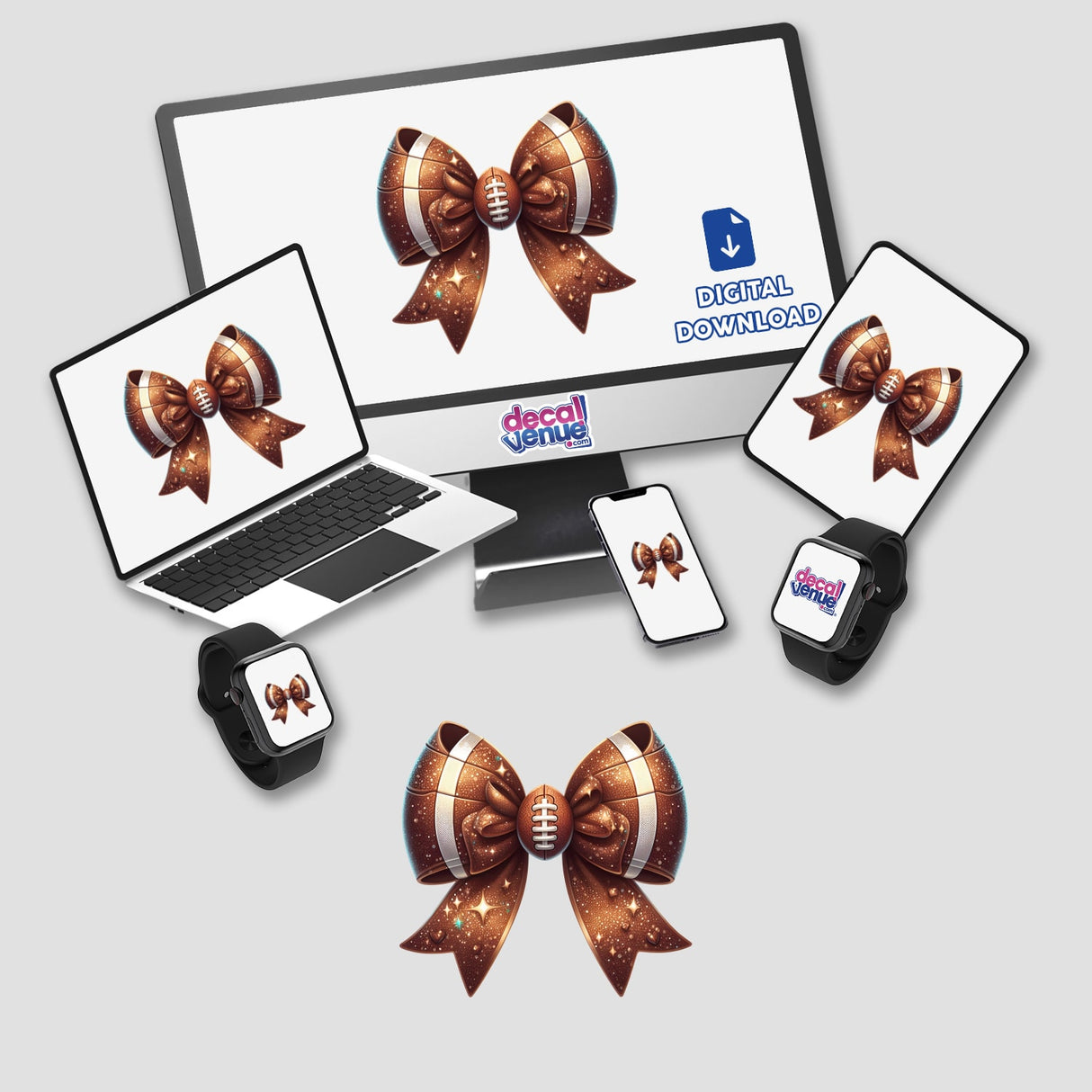 Football Coquette Bow sticker or digital artwork featuring a computer monitor and laptop adorned with bows on the screens.