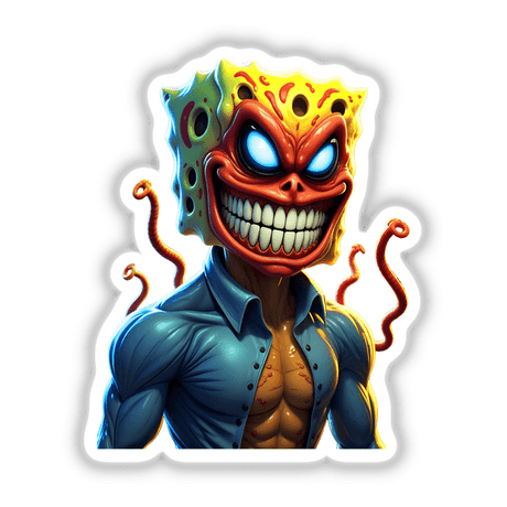 Alien Mutant Superhero Villain cartoon with large mouth, glowing eyes, and tentacles, available as stickers or digital artwork, embodying unique character design from Decal Venue.