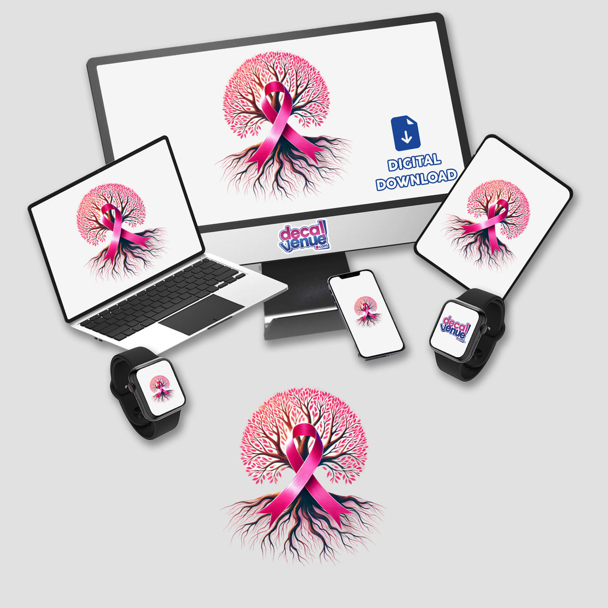 Pink Ribbon and Tree of Life Breast Cancer Awareness digital artwork featuring a computer monitor and laptop, both displaying a pink ribbon intertwined with a tree. Available as stickers or digital art.