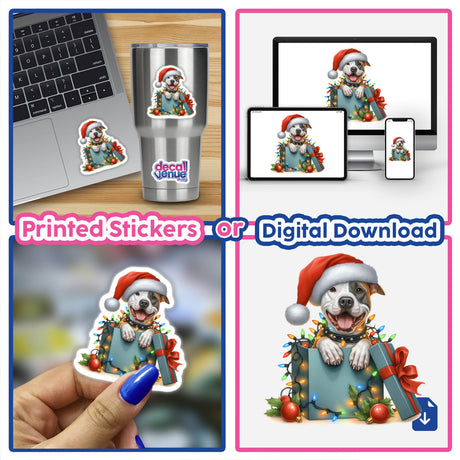 Santa Eye Patch Pitbull Dog in a Christmas Box featured in a collage of images, showcasing this playful design as a sticker or digital artwork, perfect for festive decoration.