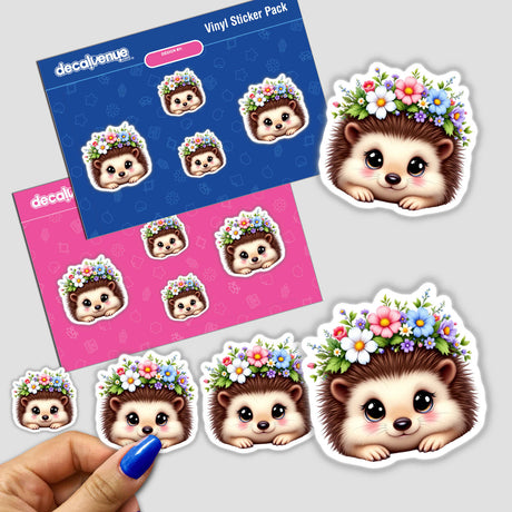 Sweet Hedgehog with a Flower Crown sticker, featuring a cartoon hedgehog adorned with flowers. A hand displays these unique stickers, aligning with Decal Venue's theme of distinctive stickers and digital art.