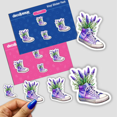 Sticker pack titled Lavender Bouquet in High-Top Sneakers, featuring purple shoes adorned with flowers. Available as stickers or digital artwork.