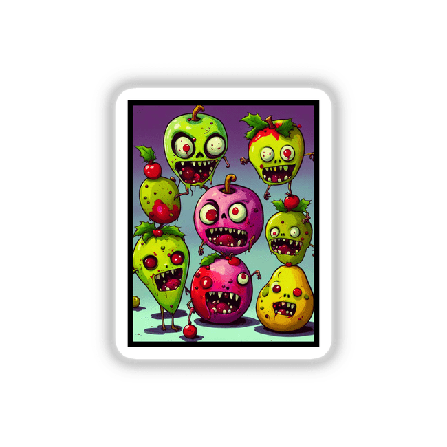 Zombie Fruit Seasons Greeting card featuring cartoon fruits with faces, including a pink apple, strawberry, and green monster. Available as stickers or digital artwork from Decal Venue.