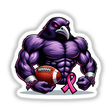 Muscular Purple Raven Bird holding a football with a pink ribbon, symbolizing breast cancer awareness. Available as stickers or digital artwork.