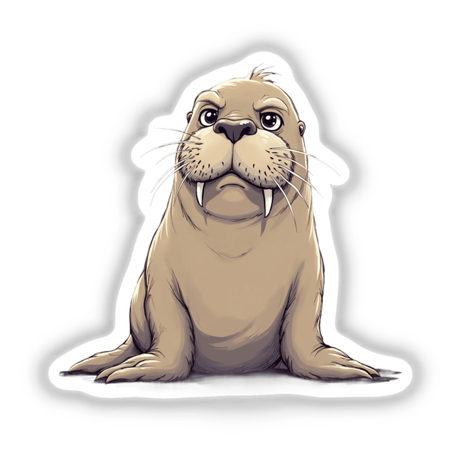 Cute Grumpy Walrus for Animal Lovers: A cartoon walrus with prominent white teeth, expressive eyes, and a grumpy expression. Available as stickers or digital artwork.