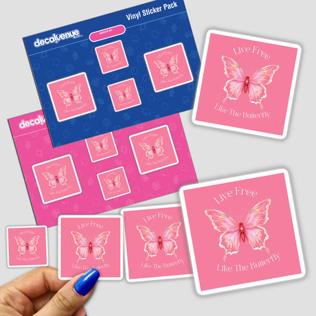 Live Free Butterfly Sticker pack held in a hand, showcasing various pink butterfly designs. Available as stickers or digital artwork, aligning with Decal Venue's unique vinyl sticker range.