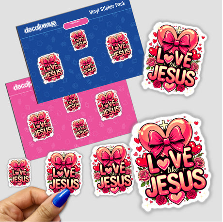 Love Like Jesus Valentine Hearts stickers featuring heart designs with bows and flowers, ideal for unique decorations or digital art, embodying Decal Venue's creative offerings.