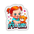 Cartoon of a baby girl holding a teddy bear, titled It's A Girl - Gender Reveal, available as stickers or digital artwork from Decal Venue.