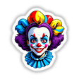 A Crazy Clown Girl cartoon illustration featuring a whimsical clown face, available as unique stickers or digital artwork from Decal Venue, emphasizing quirky and artistic design elements.