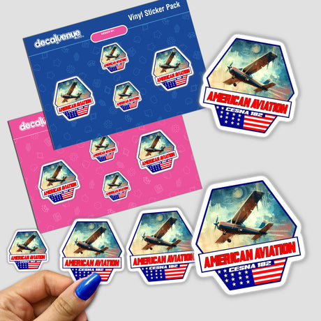 Vintage aircraft artwork featuring the Cessna 182 airplane. The image showcases a collection of stickers with American aviation-themed designs, including silhouettes of the Cessna 182 aircraft against a patriotic background. The stickers are displayed on a vibrant pink and blue background, highlighting the retro-inspired graphics and designs.