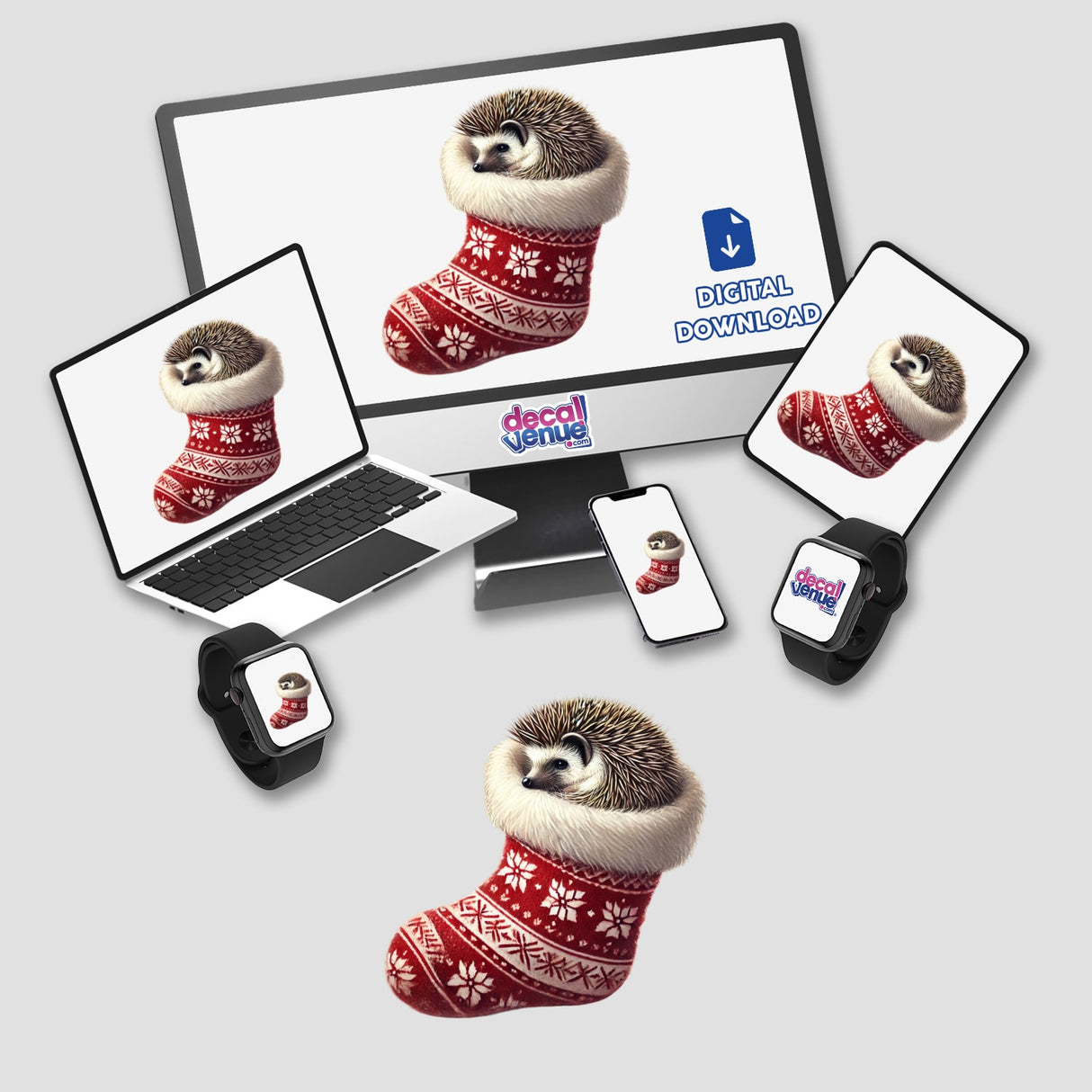 Hedgehog Curled Up in Christmas Stocking design displayed on a laptop screen, featuring an adorable hedgehog inside a red and white stocking. Perfect for festive stickers or digital download.