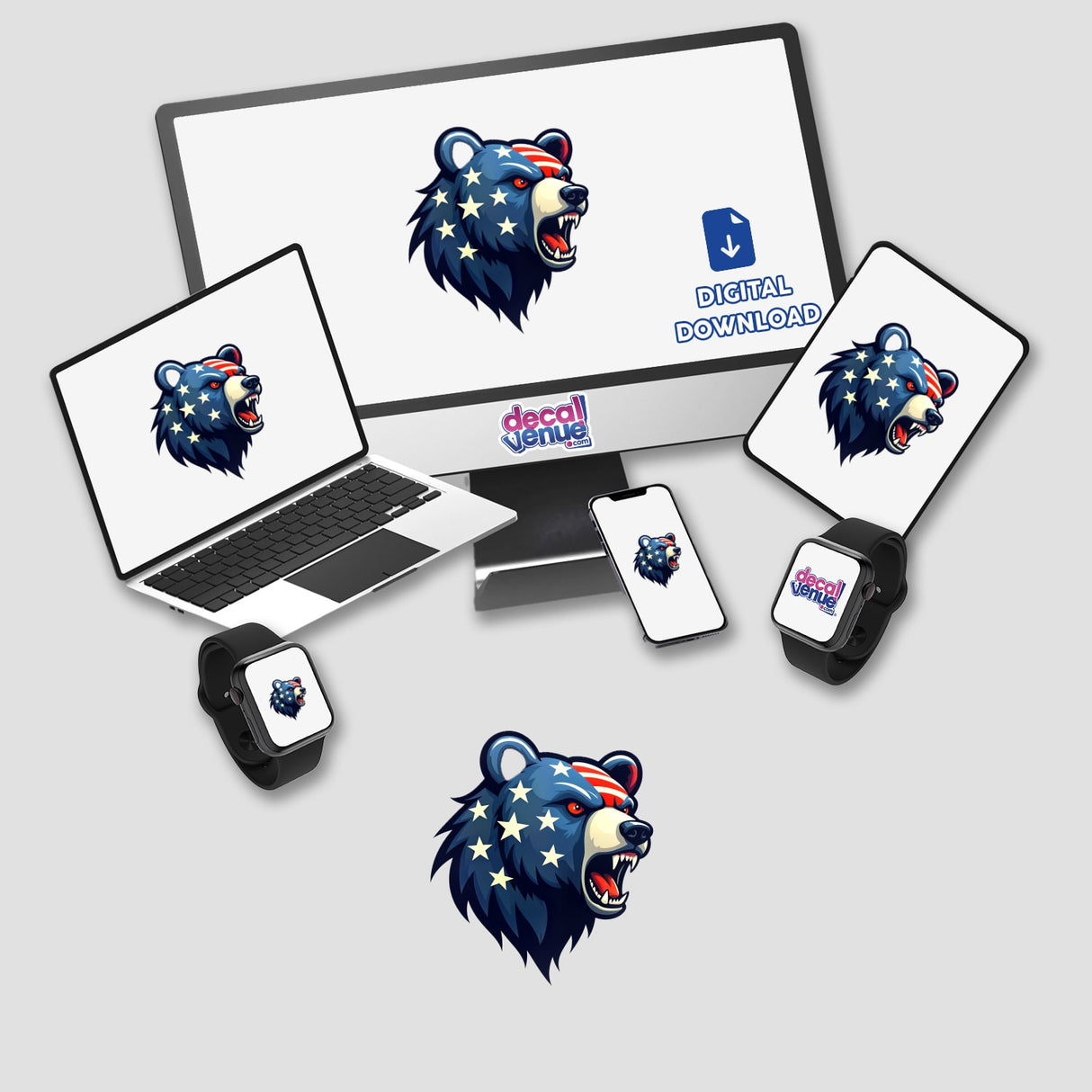 A Cool American Flag Bear displayed on a computer monitor and laptop screen, showcasing its distinctive stars and stripes design. Available as stickers or digital artwork from Decal Venue.