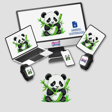 Chibi Panda with Bamboo Sticker - Cute Panda Decal Clipart featuring a cartoon panda holding bamboo, displayed on various devices, available as stickers or digital artwork for commercial use.