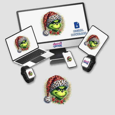 Green Grouch Glitter in Leopard Santa Hat displayed on various devices, showcasing its availability as stickers or digital artwork. The cartoon character adds a festive and playful touch to any setting.