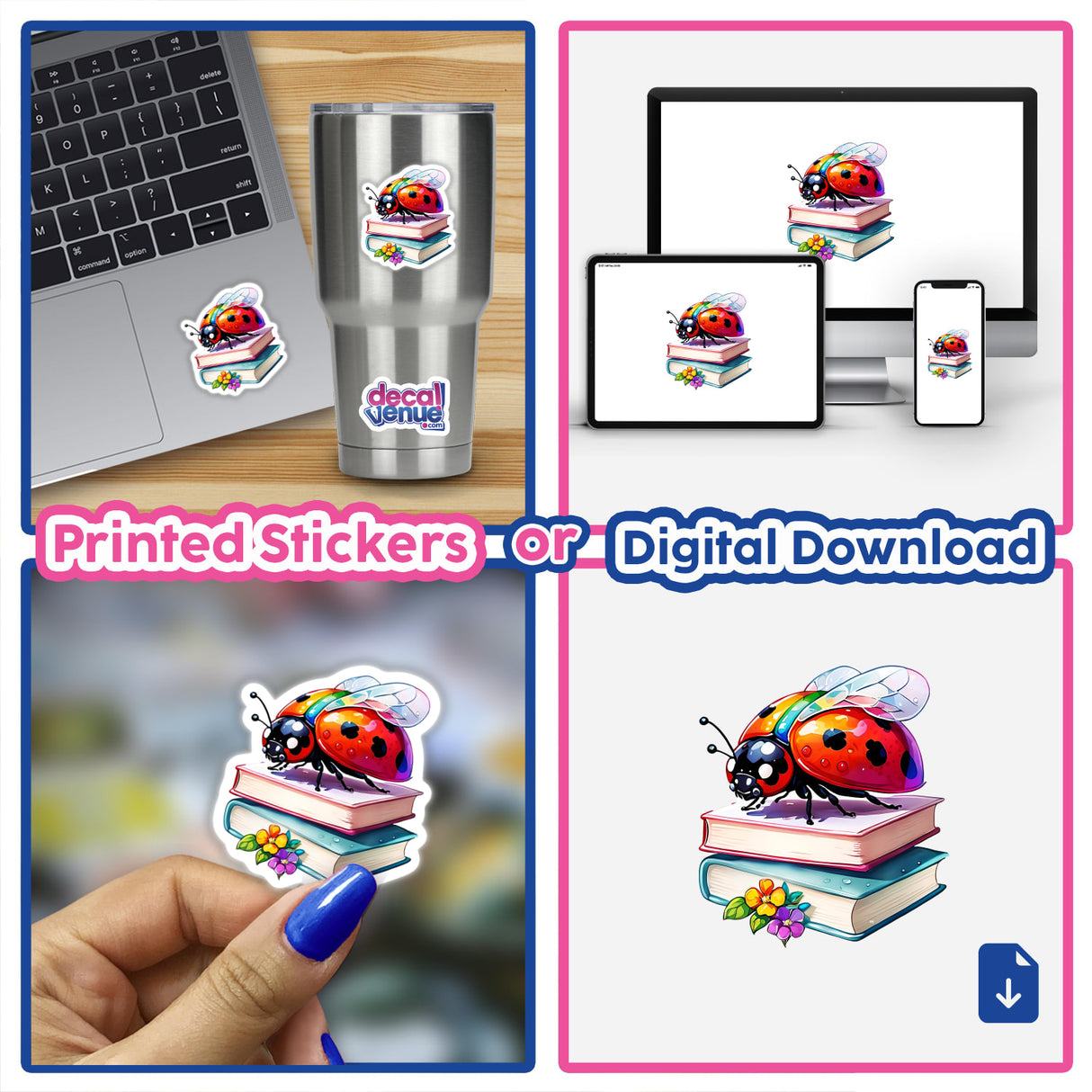 Ladybug on Books: Adorable Sticker Design featuring a cute cartoon ladybug atop a stack of books, showcased on laptops, cups, and more. Available as stickers or digital downloads from Decal Venue.