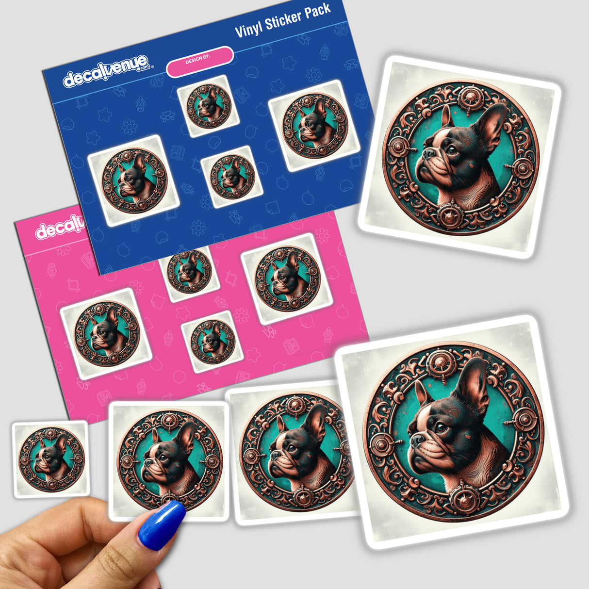 Colorful Boston Terrier digital artwork stickers in ornate medallion designs, featured on a vinyl sticker pack from the Decal Venue store.