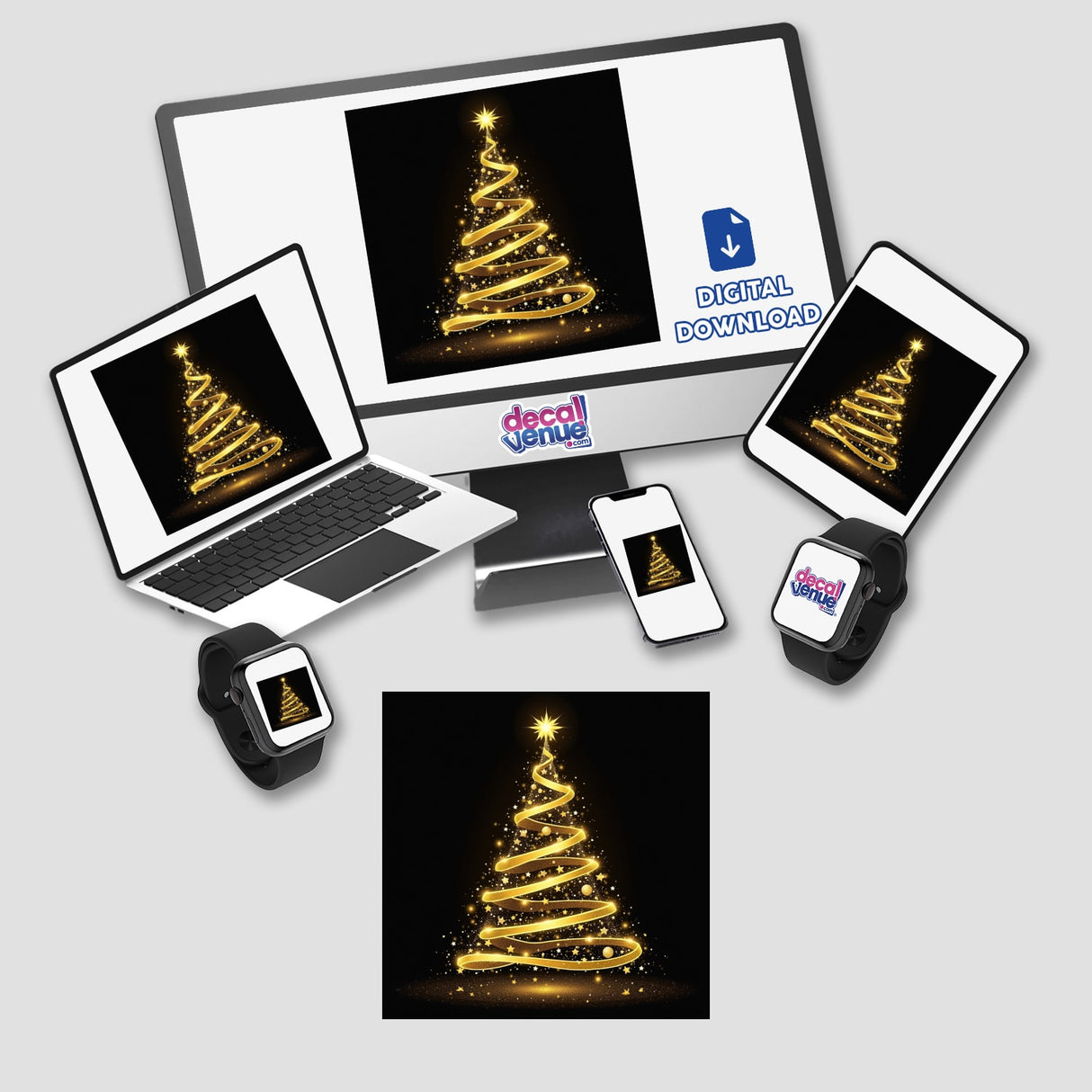 Gold Christmas Tree design displayed on a computer monitor, laptop, tablet, phone, and smartwatch. Available as stickers or digital artwork from Decal Venue, showcasing unique and festive digital art.