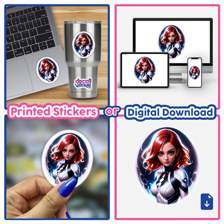 Cute Anime Superhero Girl depicted on a laptop screen, surrounded by cartoon art. Available as stickers or digital artwork from Decal Venue, showcasing unique vinyl and digital designs.