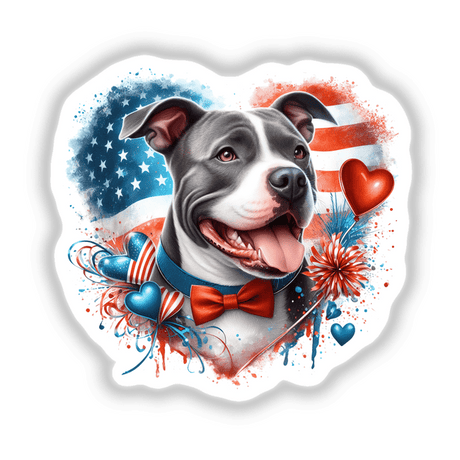 Cheerful Pitbull dog wearing a bow tie and American flag-inspired heart-shaped artwork