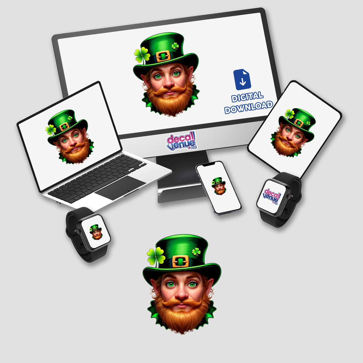 St. Patrick's Day Leprechaun stickers featuring playful leprechaun faces on computer screens and laptops, available as unique digital artwork from Decal Venue.