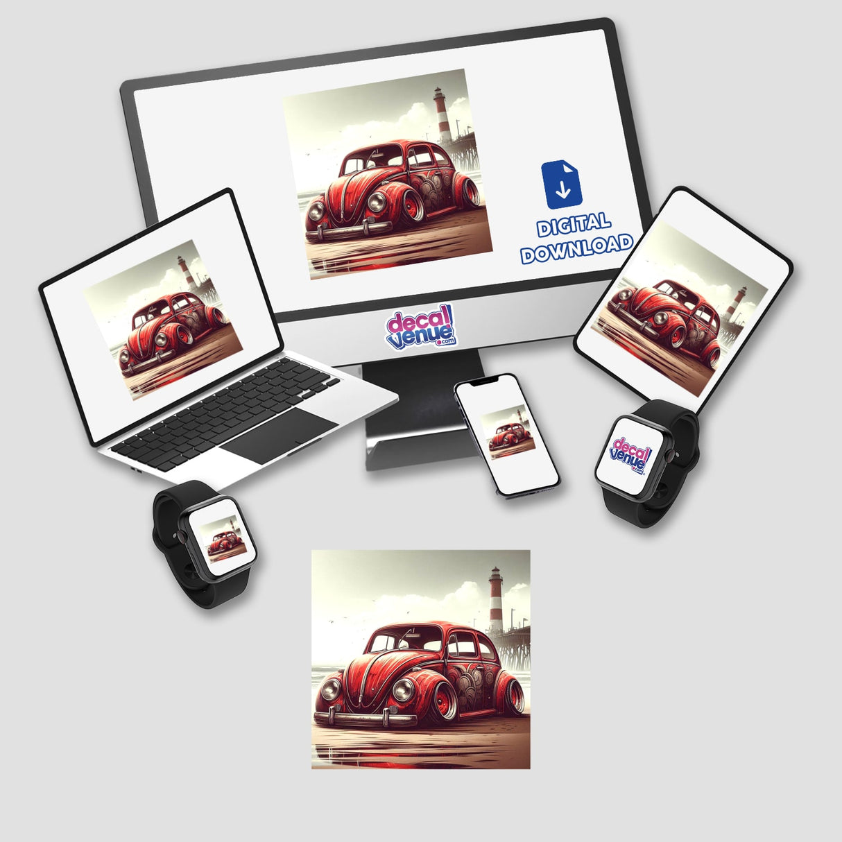 Vintage red Volkswagen Beetle car digital artwork showcased across multiple electronic devices including laptops, smartphones, and smartwatches, all with the Decal Venue branding visible.