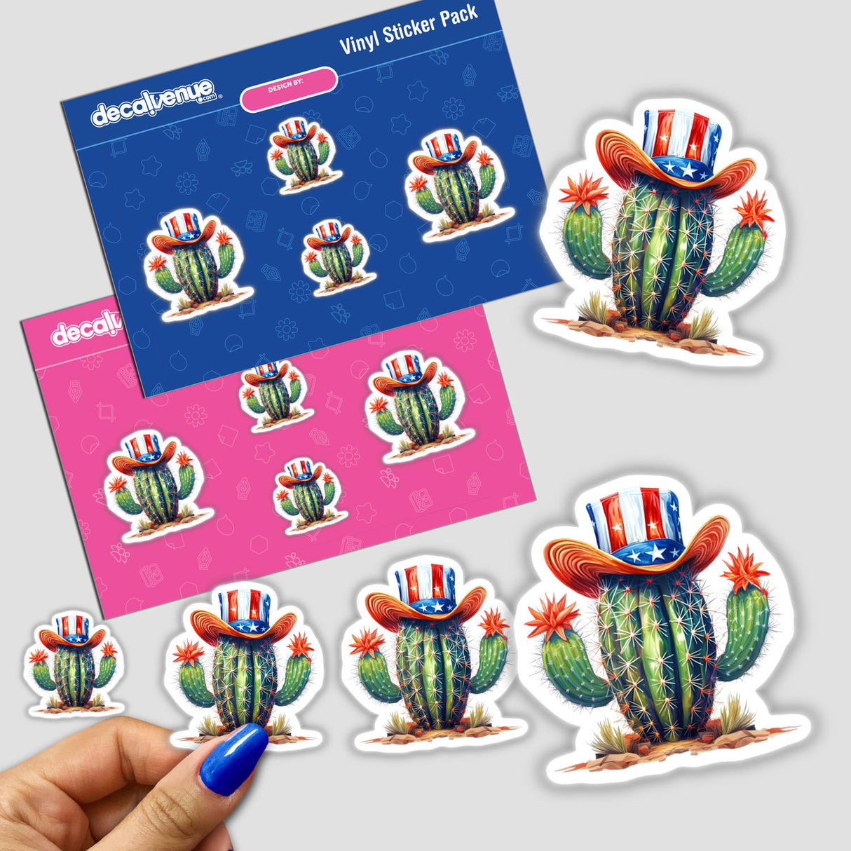 Patriotic Cactus Stickers - Vibrant digital artwork featuring cactus plants decorated with patriotic hats and flags, displayed on a Decal Venue product pack.