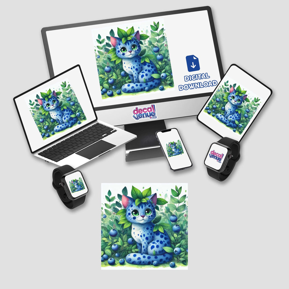 Blueberry Kitten digital artwork featuring a whimsical blue cat with green leaves on its head, displayed on a computer screen alongside a laptop and various devices. Available as stickers or digital art.