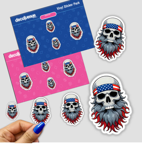 Sticker featuring A Cool Skull With An American Flag Bandana, showcasing a cartoon skull with a beard. Perfect for fans of unique designs, available at Decal Venue as stickers or digital artwork.