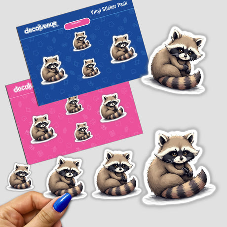 Adorable Raccoon Sitting with Grumpy Expression sticker, held in hand, featuring a cartoon raccoon in various poses, perfect for decoration or digital use.