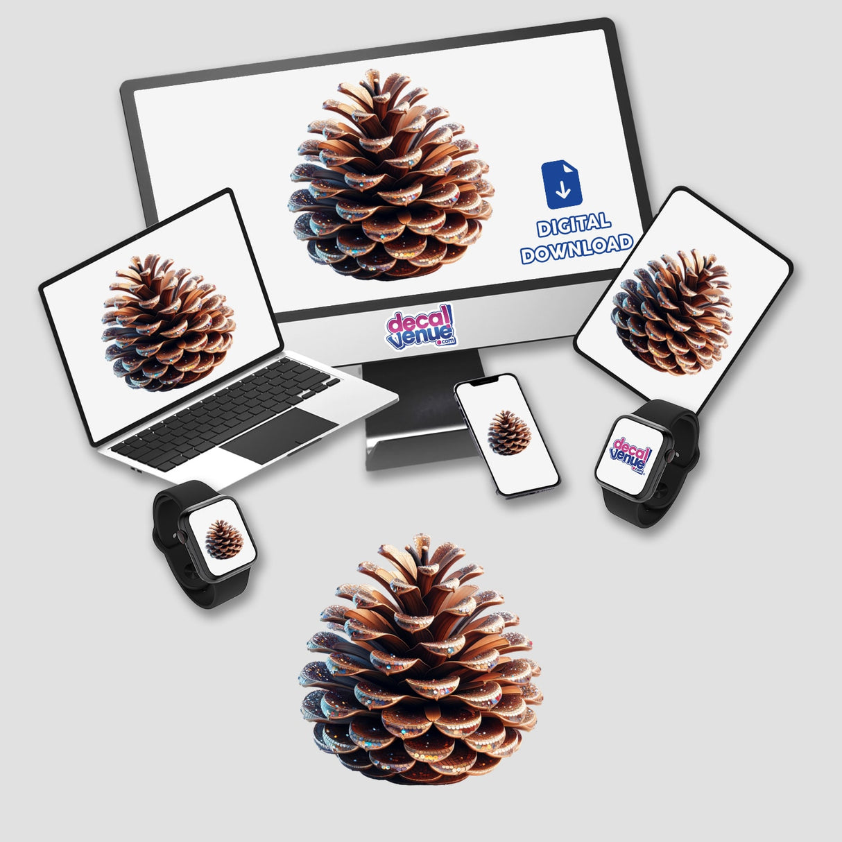 Festive Decorative Pine Cone displayed on a computer monitor and laptop screen, available as stickers or digital artwork.