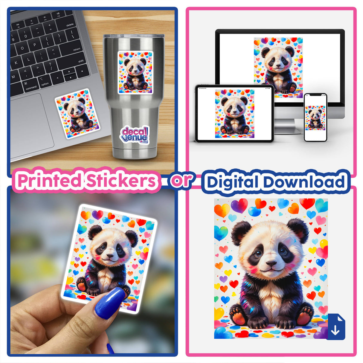 A collage featuring a laptop adorned with a Cute Panda Bear With Love Hearts sticker, highlighting its playful design. Available as stickers or digital artwork from Decal Venue.