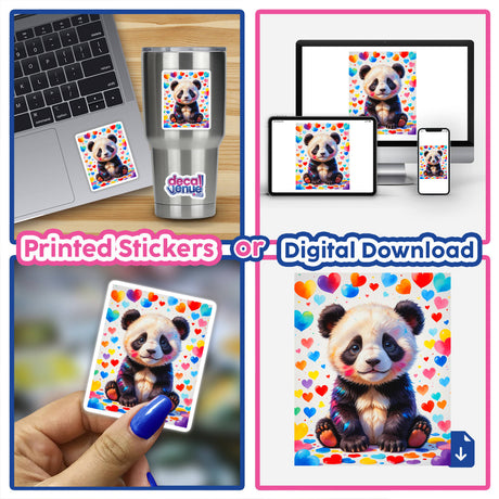 A collage featuring a laptop adorned with a Cute Panda Bear With Love Hearts sticker, highlighting its playful design. Available as stickers or digital artwork from Decal Venue.